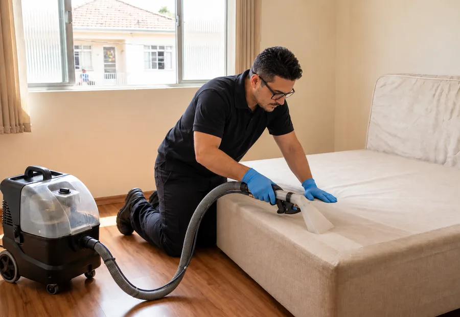 Técnico da Lava Tudo VIP limpando a base de uma cama box com extratora