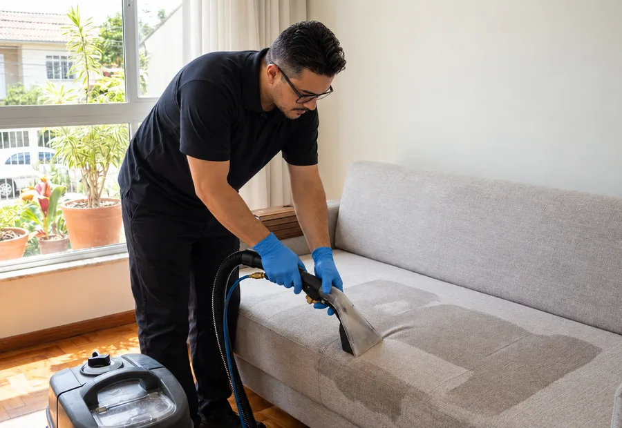 Técnico da Lava Tudo VIP limpando um divã estofado em uma sala de atendimento