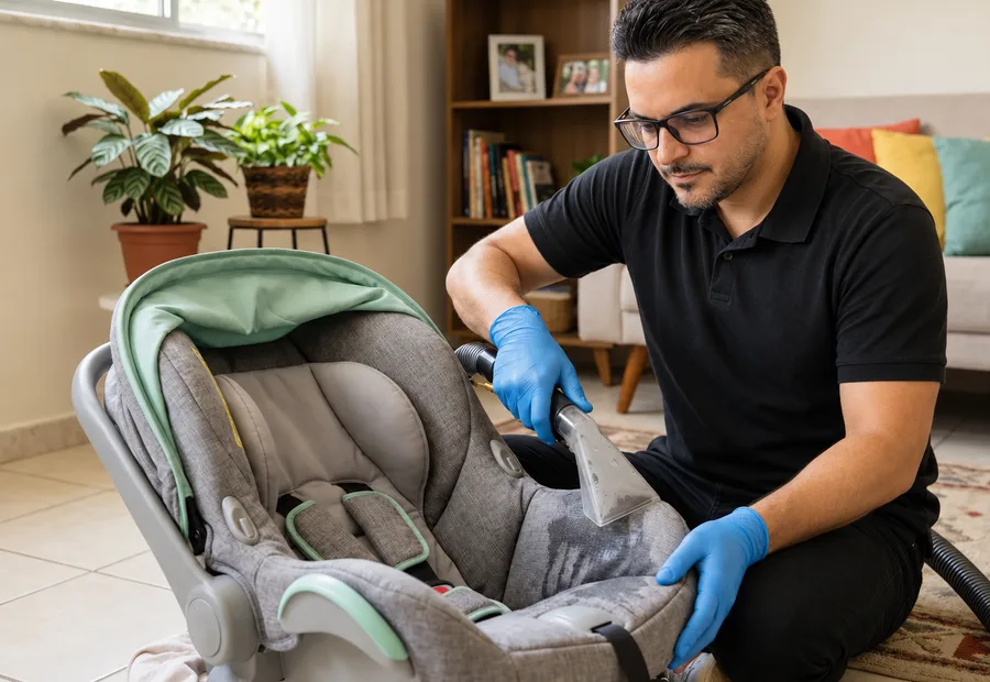 Técnico da Lava Tudo VIP limpando o estofado de um carrinho de bebê